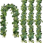 4 Packs 5.74 Ft Artificial Eucalyptus Garland Leaves with Flowers Artificial Fake Greenery Hanging Vines for Wedding Table Home Stairs Decor Decorations Garland for Mantle