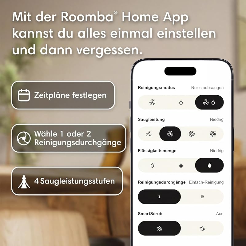 Roomba® 115 Combo Saug- und Wischroboter + AutoEmpty™ Dock, 15k Pa Saugleistung, Bürsten und Wischpad reichen, Navigation mit Clearview™ LiDAR, Weiß