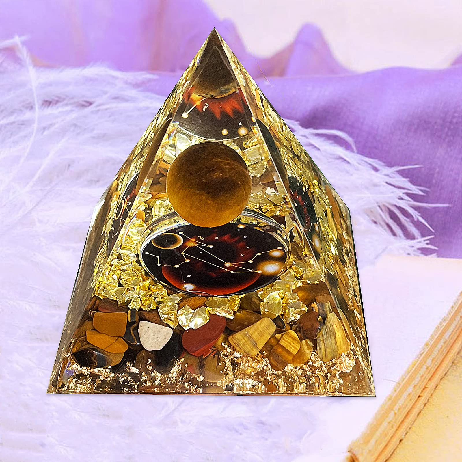 Crystal Pyramid, Tiger Eye Zodiac Leo Orgone Pyramid, Healing Crystal, Postive Energy Orgonite Crystal Healing for Yoga, Meditation, Stress Reduce (Leo)