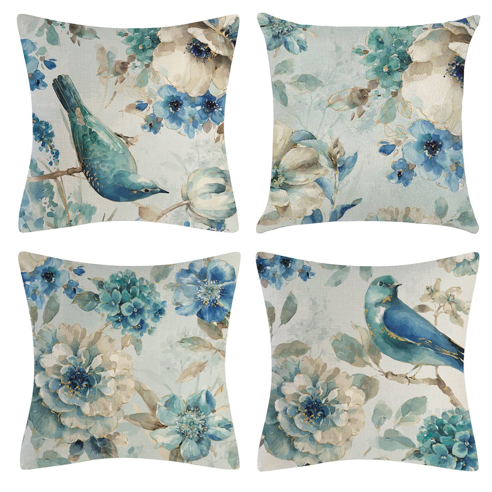 OCEUMACO Linen Cushion Covers 45 x 45 cm Sofa Set of 4 Square Green Floral Art Throw Pillow Cases 18x18 Inches Outdoor Decorative Teal Birds Flowers Pillowcases Cushions Cover - Duck Egg Blue