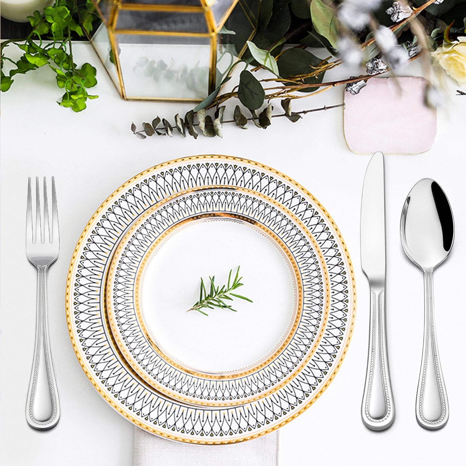  | LIANYU 20-Piece Silverware Set, Stainless Steel Flatware Set for 4, Fancy Cutlery Eating Utensils with Pearled Edge, Home Kitchen Restaurant Tableware Include Knives Spoons Forks, Dishwasher Safe: Flatware Sets