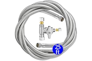 ONDIOMN Refrigerator Ice Maker Water Line Kit - 25' Braided Stainless Steel Fridge Water Line with 1/4" Compression Fittings Pex Tubing Core and Water Splitter