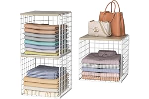 HENCAWIMA 3PCS Stackable Closet Organizers and Storage, Closet Shelves with Wood Top Extra Storage, Clothes Storage Organizer Basket Bin/Cube for Home Wardrobe Organization(White-Sturdy Metal) Patent Pending