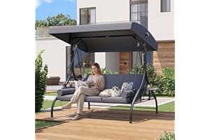 Aoxun Outdoor Porch Swing with Stand and Canopy, 3 Seats Outdoor Swings for Adults, Convertible 2 in 1 Swing Bed with Cup Hol