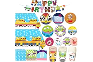 METIXOZE Toy Party Decorations 133pcs Cartoon Story Paper Plates Napkins Cups Tablecloth and Banner for Boys Girls Toy Birthday Party Supplies Decorations,Serve 30 Guest