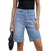 luvamia Bermuda Shorts for Women High Waisted Trendy Patch Pocket Casual Vintage Long Stretchy Denim Shorts Summer Jorts