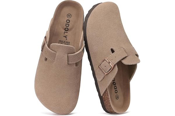 ODOLY Genuine Suede Clogs for Women Men Comfort Cork Footbed Potato Shoes | Unisex Lightweight Slip-On Leather Mules with Arc