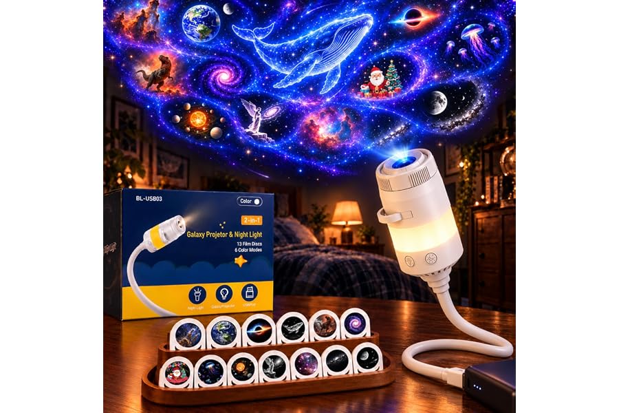 2-in-1 Galaxy Projector Night Light with 13 Films, USB Star Projector | Multicolour LED Light, 360° Rotating Projection, Adjustable Brightness, Easy Controls, Eye-Friendly Light, Ideal for Bedroom