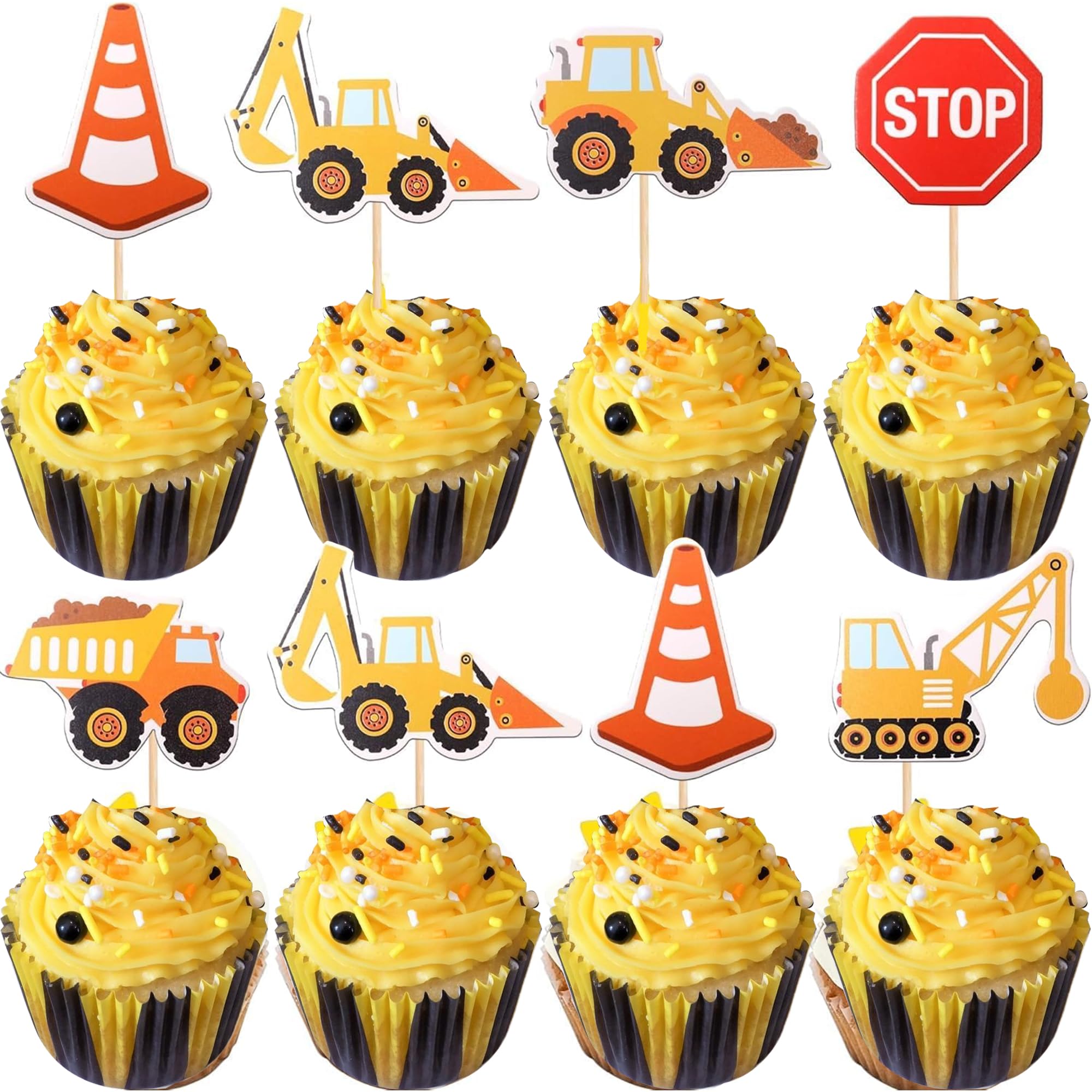 SYKYCTCY 36 Pack Construction Cupcake Toppers Dump Truck Excavator Tractor Party Stop Sign Cupcake Picks Decorations for Construction Theme Baby Shower Kids Birthday Party Supplies