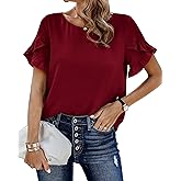 PRETTYGARDEN Womens Spring Tops 2026 Casual Crewneck Lace Crochet Short Sleeve Shirts Floral Boho Blouse Loose Tunic Top