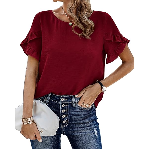Dilgul Camisas De Manga Corta Con Cuello En V Para Mujer, Blusas Plisadas, Azul 2