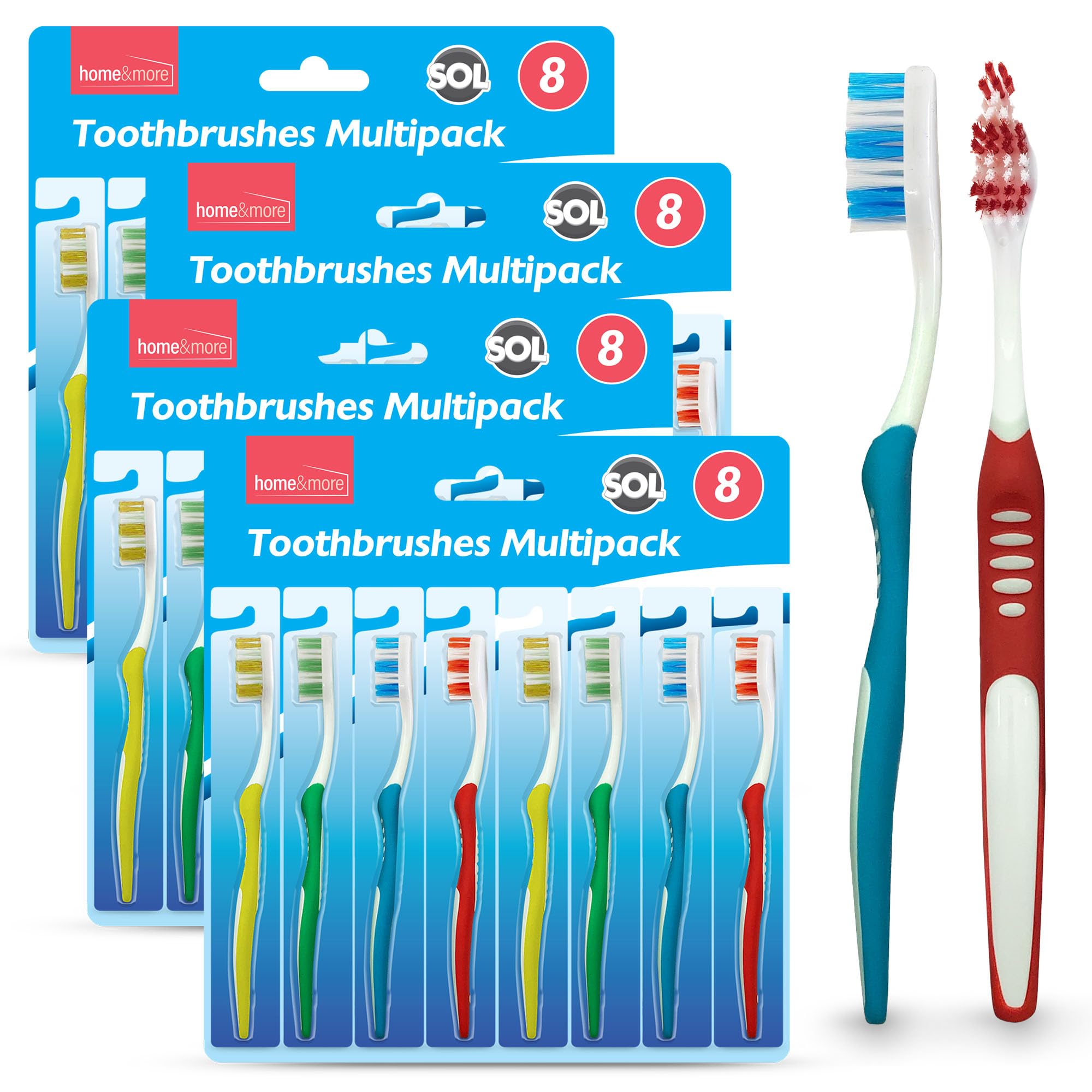 SOL 32pk Manual Toothbrush Multipack - Soft Tooth Brushes for Adults and Family, Assorted Colours, Firm Bristles for Effective Cleaning, Disposable, Ideal for Daily Oral Care at Home, Travel & Gym Use