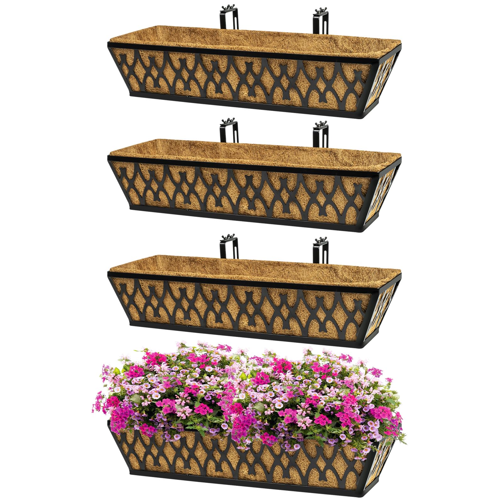 Photo 1 of 4 Pack 24 Inch Window Boxes Planters for Outdoor Plants Railing Planter Box with Adjustable Brackets for Windowsill Porch Fence Patio Hanging Flower Coco Baskets for Outside Decoration