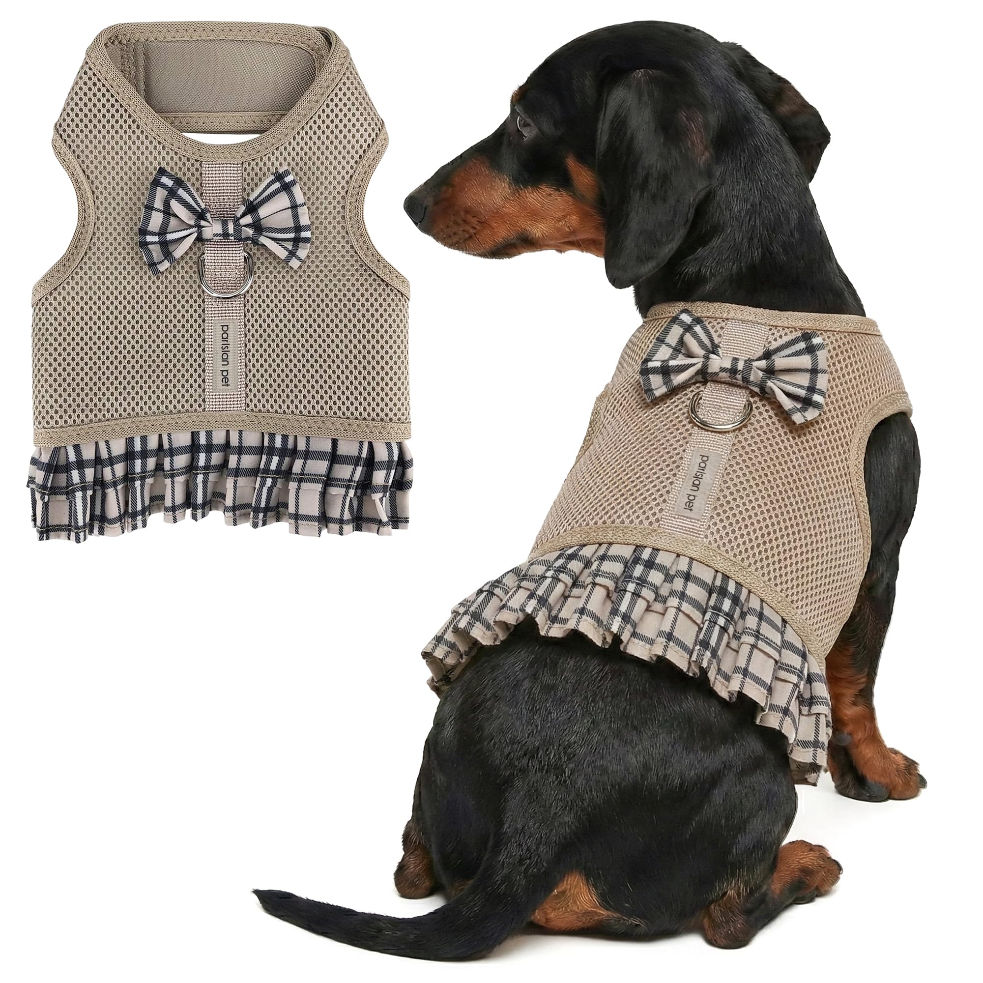 Parisian Pet Dog Cat Harness Step-in Vest, Plaid, Camo, Leopard, Polka Dot Dress (XL, Plaid/Khaki Dress)