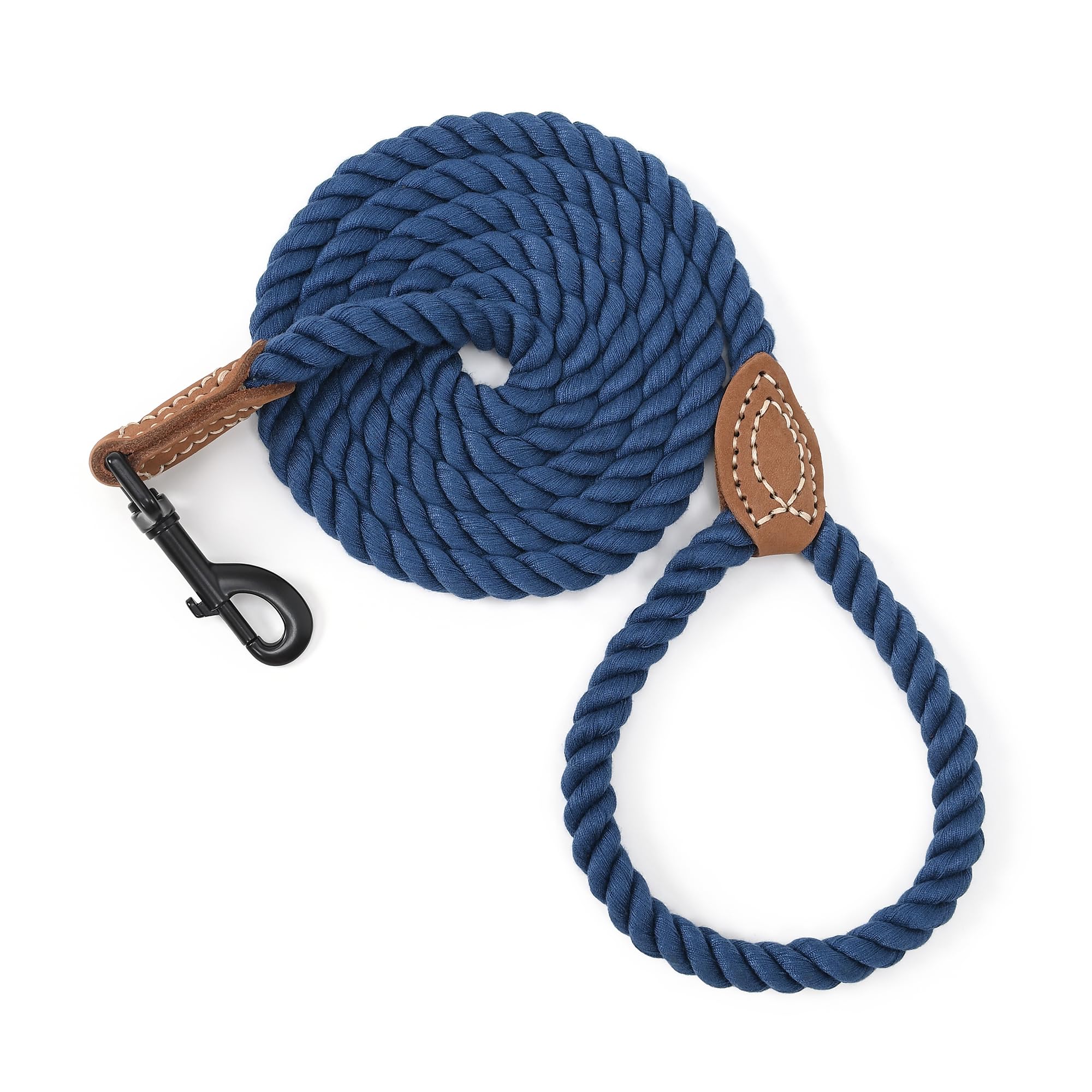 Mile High Life Braided Cotton Rope Leash with Leather Tailor Handle and Heavy Duty Metal Sturdy Clasp (Navy, 6 FT)