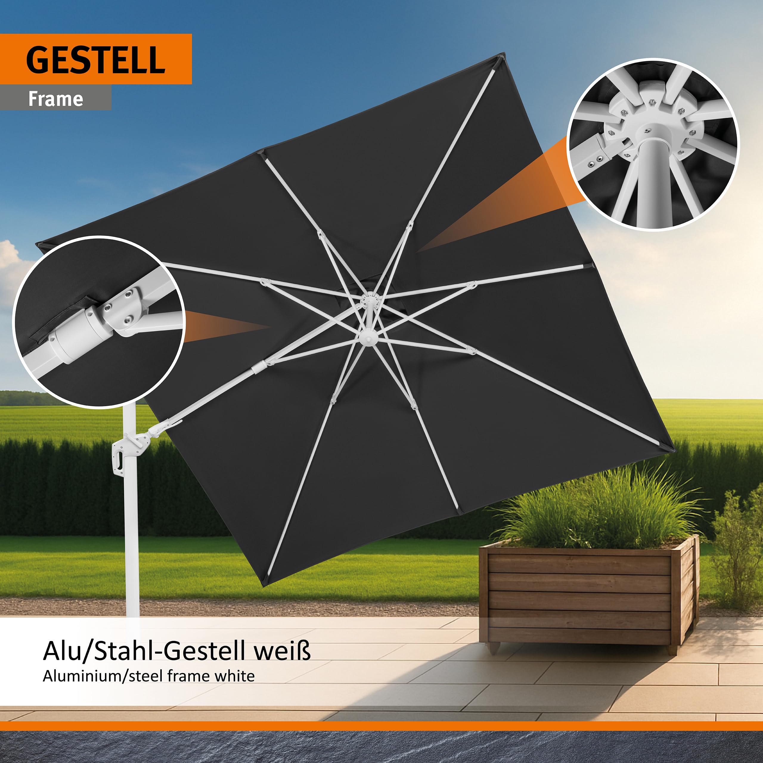 Schneider Sonnenschirm Rhodos Twist Bianco, anthrazit, 300 x 300 cm quadratisch, 731-15, Gestell Alu/Stahl, Bespannung Polyester, 25.7 kg 8