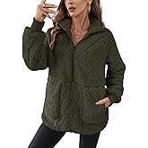 Rapbin Women Half Zip Pullover Long Sleeve Casual Fuzzy Sherpa Fleece Jacket Sweatshirts Winter Outerwear Top with Pockets