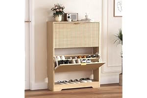 HUANLEGO Shoe Cabinet Storage for Entryway with 2 Flip Drawers, Fluted Shoe Cabinet with Open Storage, Wooden Hidden Shoe Rack Freestanding Narrow Slim Shoe Organizer for Hallway, Entrance
