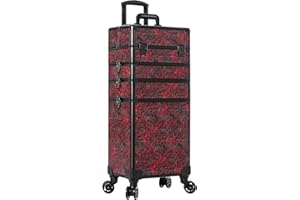 JINGUAN Profesional Rolling Makeup Train Case with Lid, 5 in 1 Cosmetology Case on Wheels, Large Cosmetic Trolley Organizer Travel for Hairstylist Artist Nail Beauty Salon Barber, Red