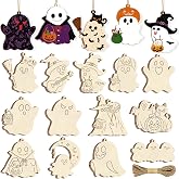 Halloween Unfinished Wooden Ornaments to Paint Ghost | 3Pcs 13 Ghost Styles 5 Small Bats DIY Pumpkin Haunted House Skull Hanging Tags with 3M Braided Linen Cord for Crafts Decor