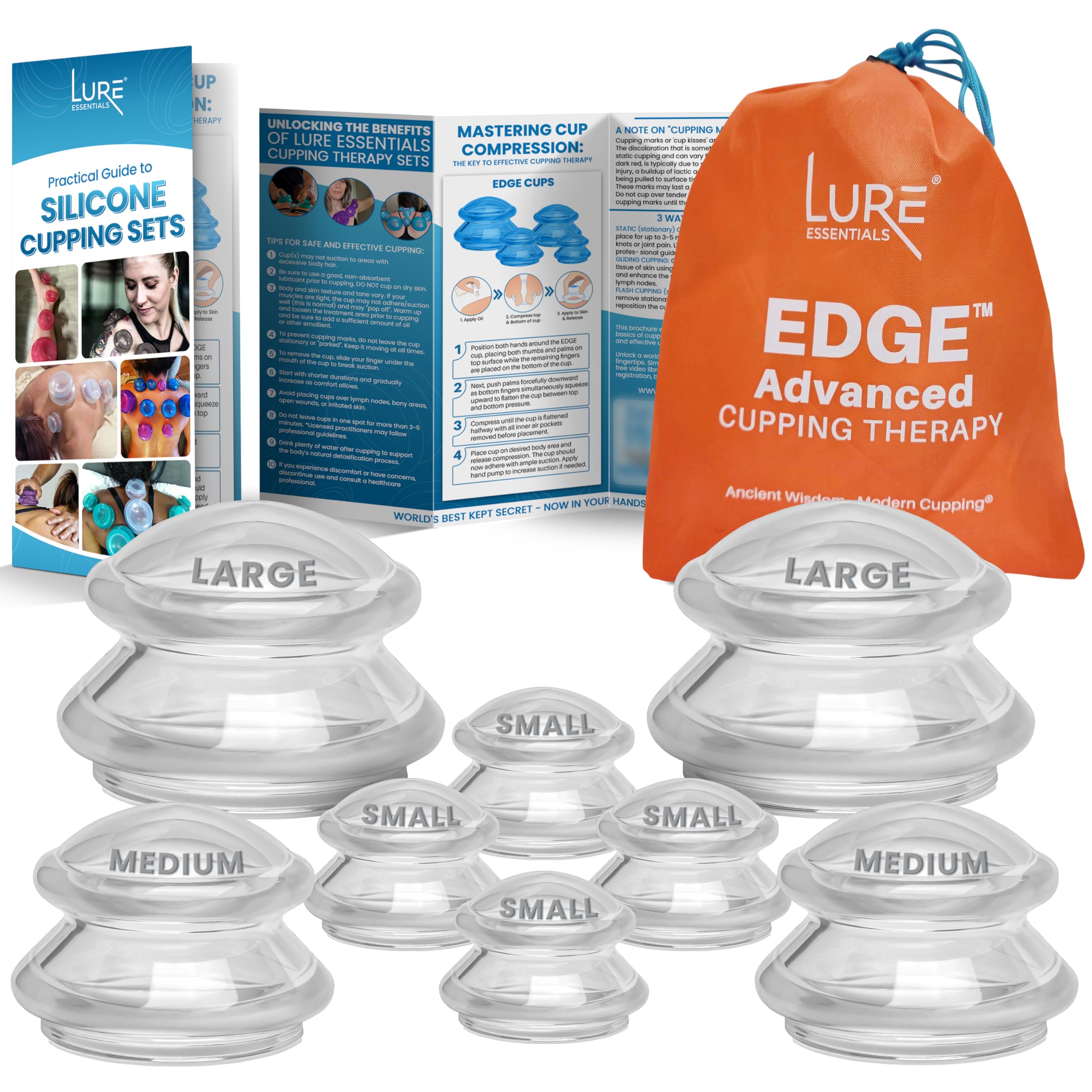 Photo 1 of Lure Essentials Edge Silicone Cupping Set, Cupping Kit for Massage Therapy, Long Lasting Cups for Professional & Home Use, Body Sculpt Cup for Cellulite, Ultra Transparent Clear (8 Count)