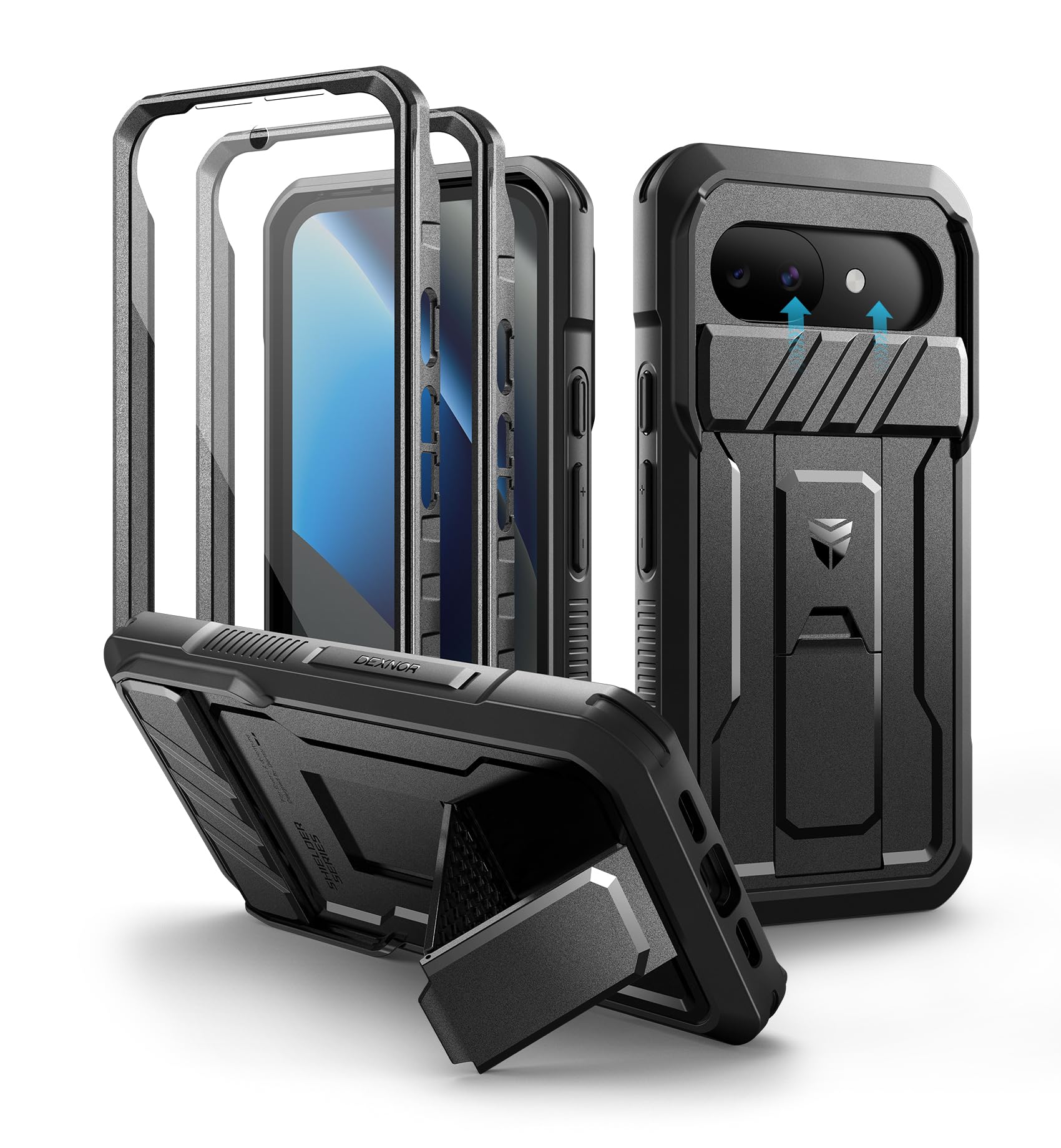 Dexnor Kompatibel mit Google Pixel 10a Hülle mit Eingebaute Schiebekamera Abdeckung&Displayschutz&Kickstand, Schwerlast Stoßfestes Robustes Handyhülle Ganzkörper Stoßfänger Schutzhülle - Schwarz