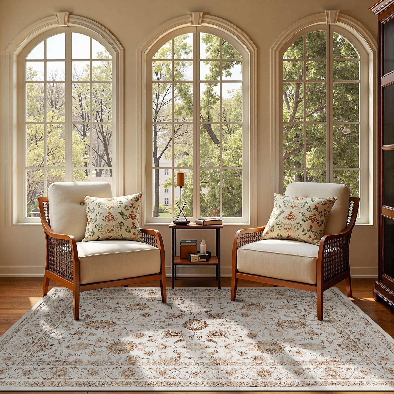 Photo 1 of jinchan Area Rug 5x7 Oriental Washable Rug Vintage Floral Carpet Non Slip Retro Distressed Mat Thin Country Boho Floor Cover Farmhouse Carpet for Kitchen Living Room Bedroom Dining Room Taupe