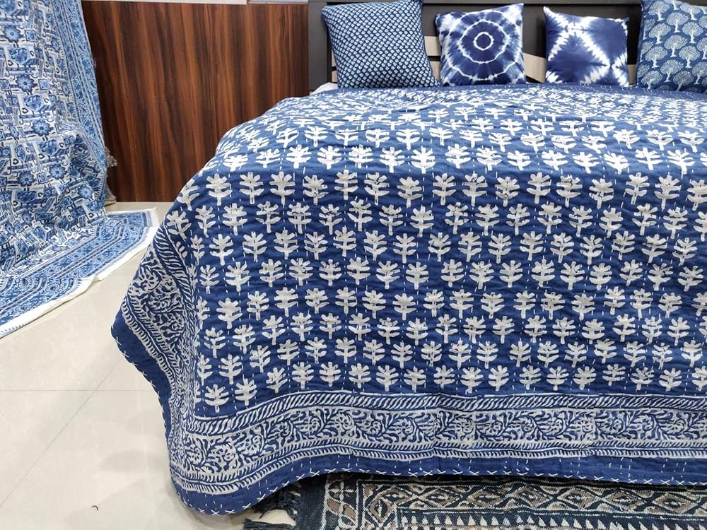 Blue Kantha Quilt Queen Size Hand Stitch Kantha Ajrakh Bedcover Indian Bohemian
