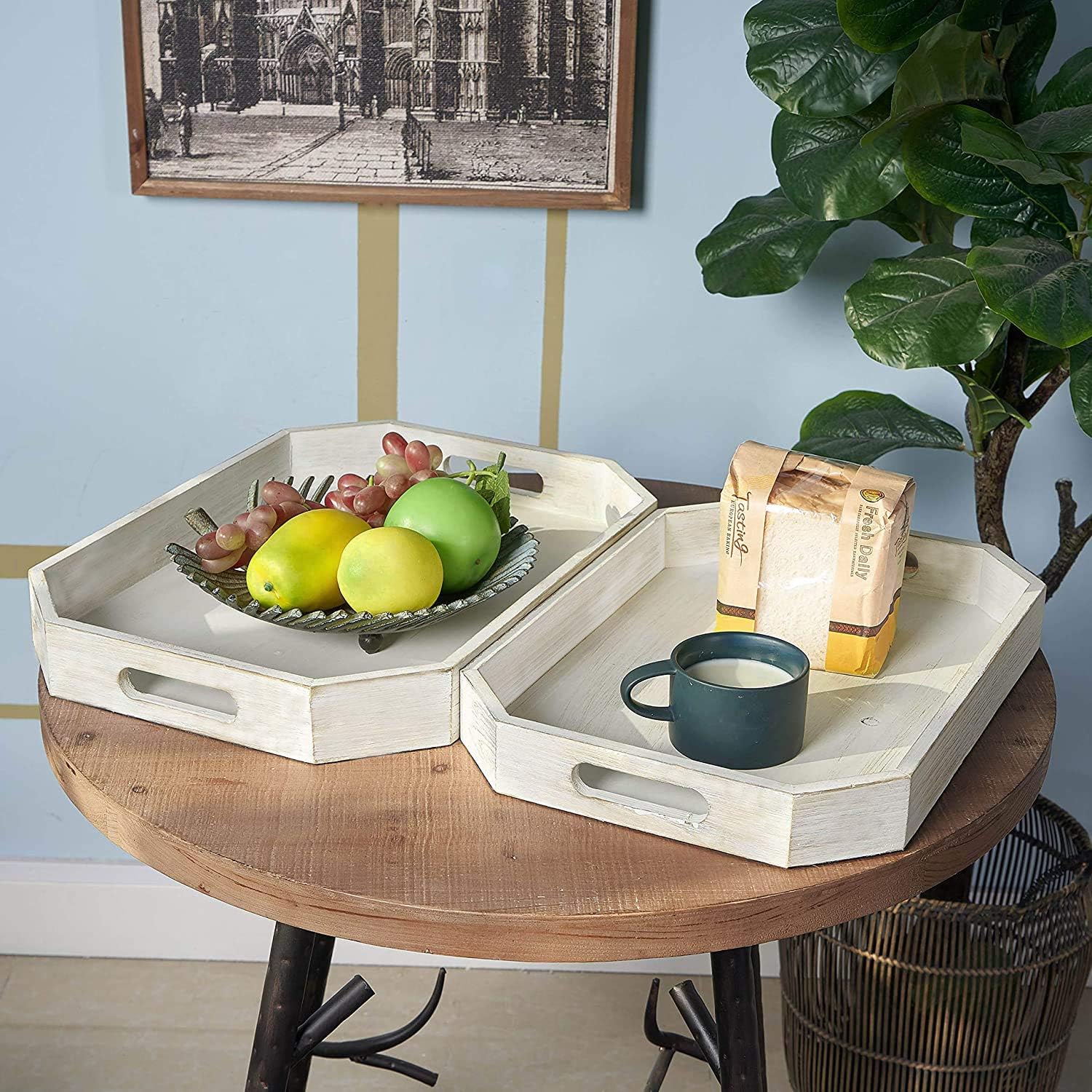  | 2PCS Octagonal Natural Wood Finish Serving Tray with Cutout Handles and Angled Edges, Antique Whitewash Food Tray, Rustic Ottoman display Platter: Serving Trays