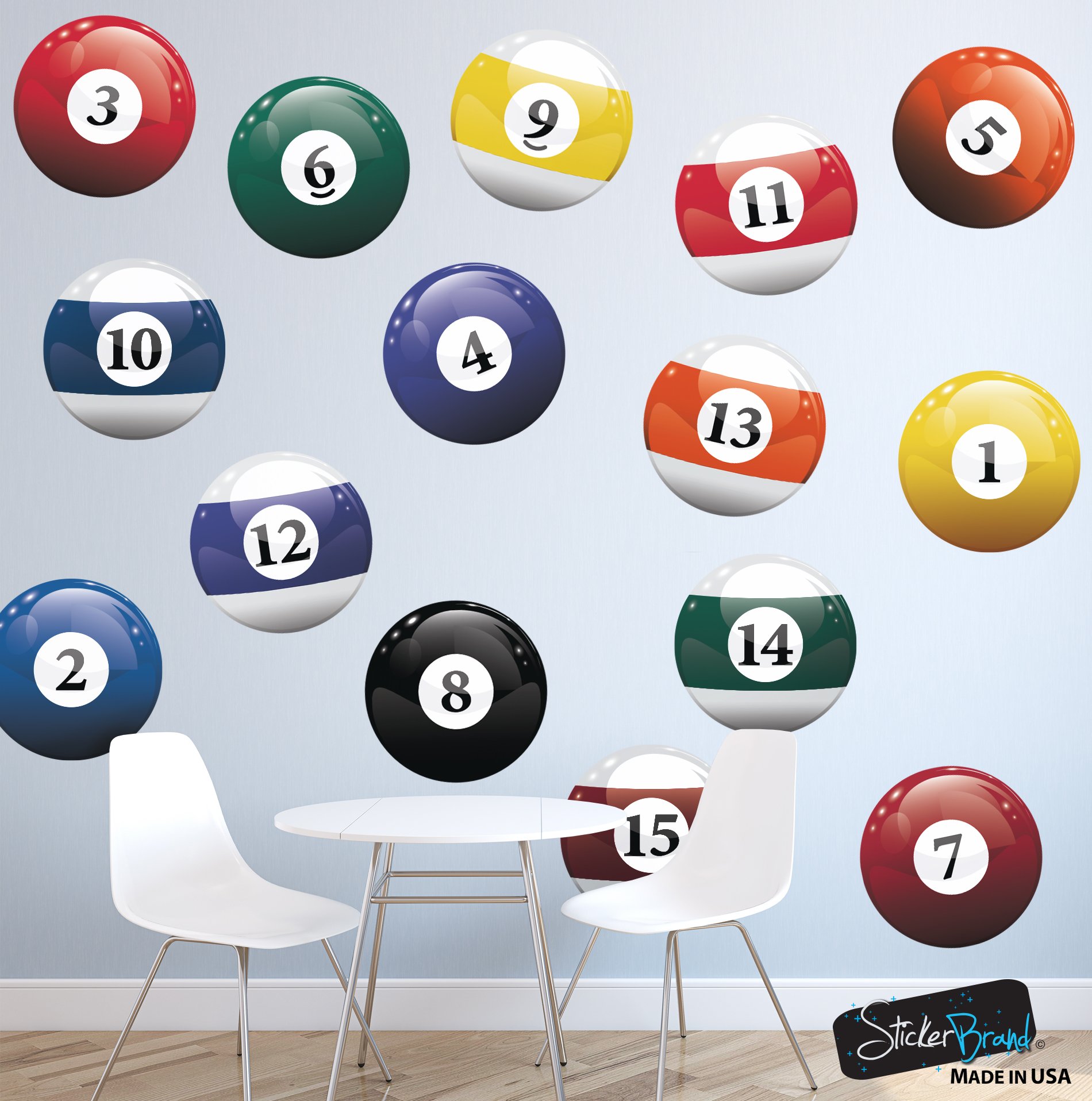 16 Realistic Color Billiard Balls Wall Decal Sticker Game Room Sign