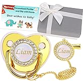 Personalized Pacifier with Name, Bling Gold Pacifier Clip Set with Gift Box Greeting Card, Glitter Crystal Luxurious Soother Dummy Ideal Gift for Boys Baby Shower Newborn Photography(Gold)