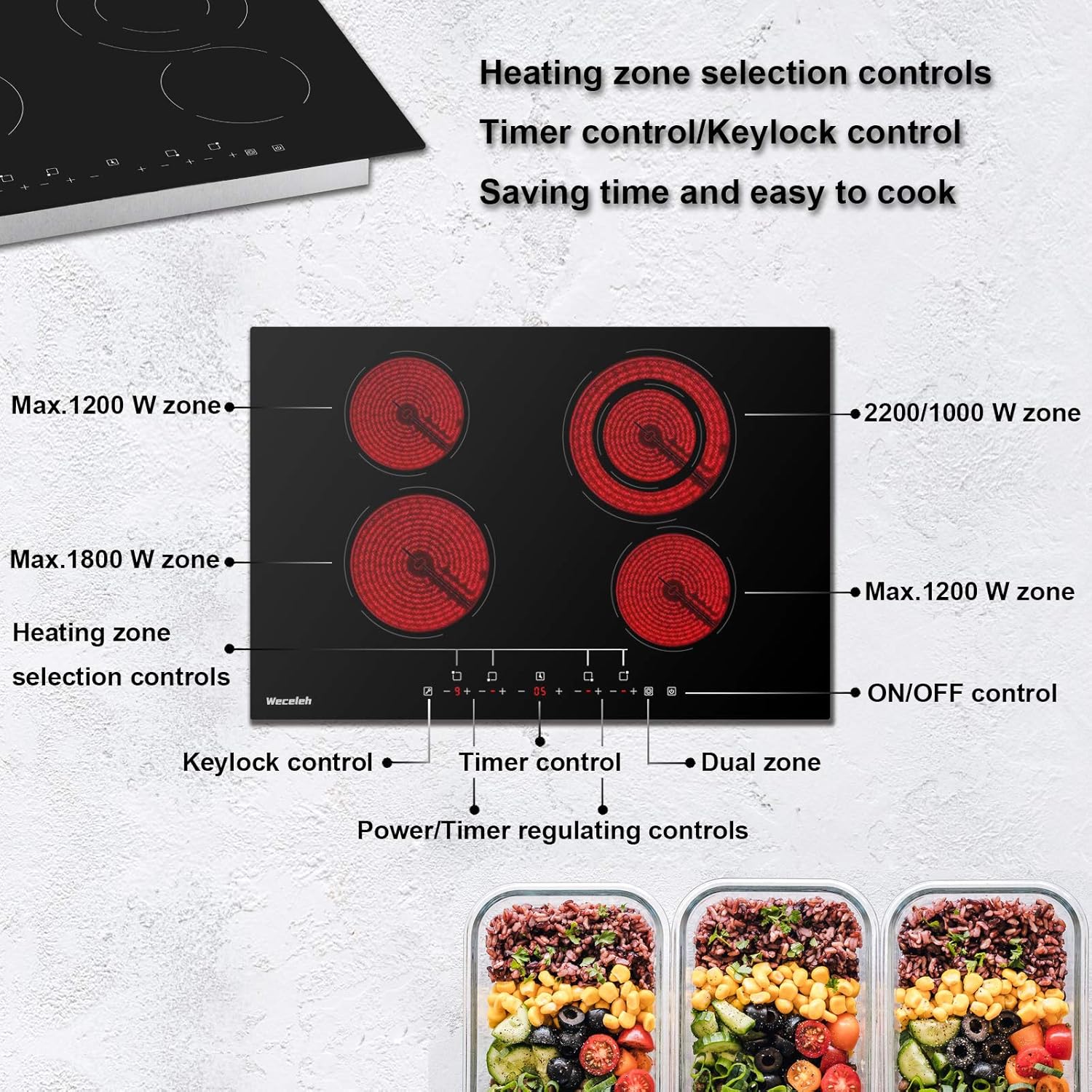 Electric Cooktop 30 Inch，Built-in Ceramic Cooktop 6400W， Electric Stove with 4 Burners 220-240V， 9 Heating Level， Kid Safety Lock， Sensor Touch Control，Hard Wired: Appliances