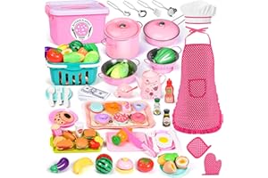 AOJIENI 121Pcs Play Kitchen Accessories, Kids Kitchen Playset, Pretend Play Food Tea Party Set, Toy Kitchen Kids Cooking Real with Apron＆Chef Hat, Utensils Cookware Pots＆Pans, Toy Organizer, Toddler Toys Gift