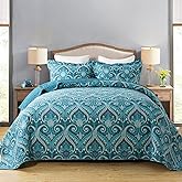 Travan 3-Piece Cotton Quilt Set Quilted Bedding Set for All Season, Cyan Blue Flower, King Size