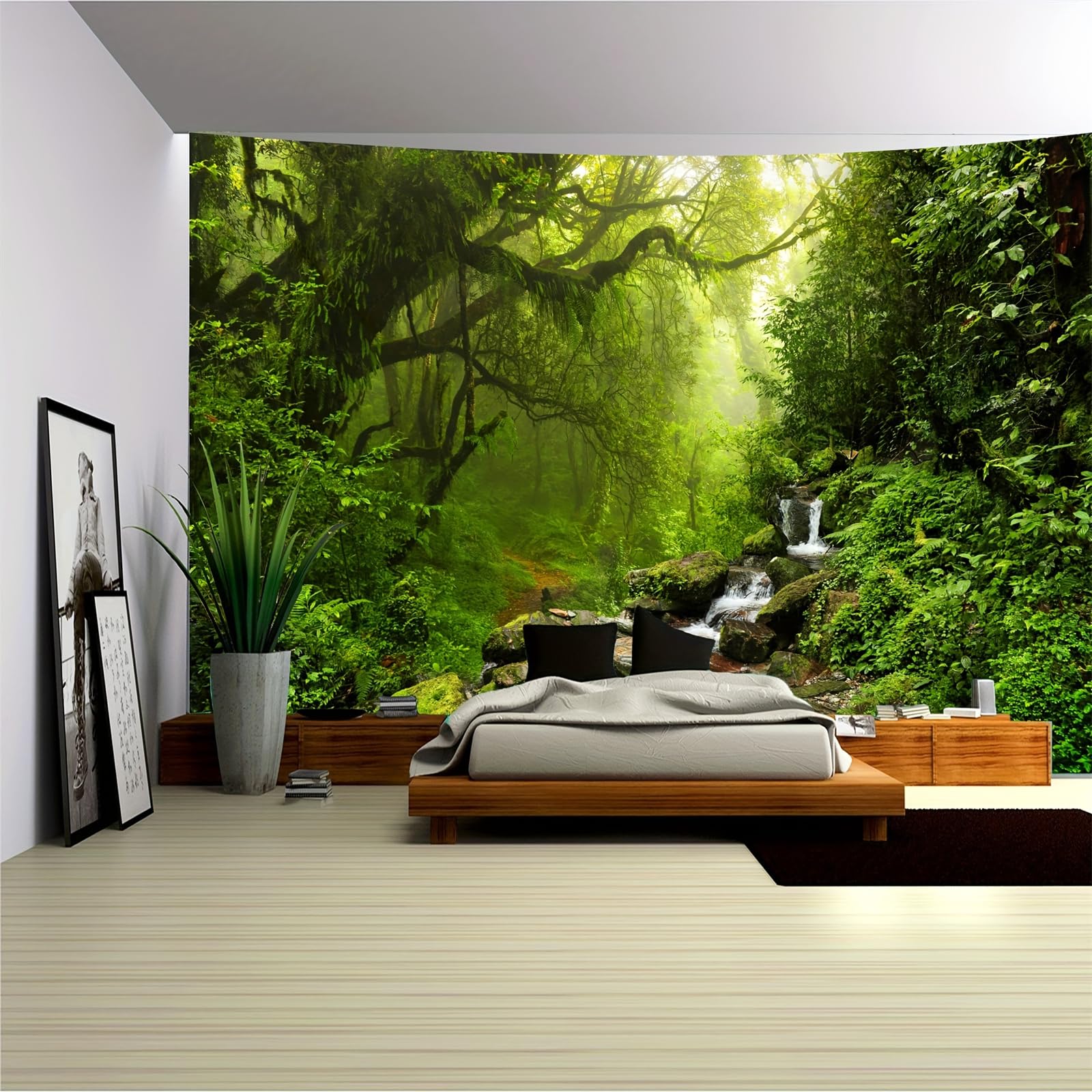 Arsey Green Tapestry Wall Hanging Forest Waterfall Fog Tapestries Grass Nature Landscape Boho Decor Liveing Room Bedroom, 230x180cm