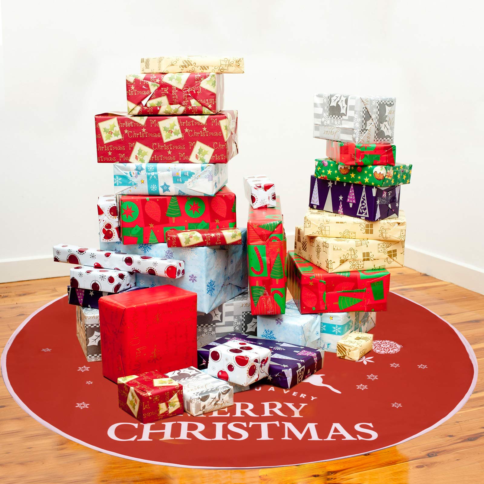 Voilamart Weihnachtsbaumdecke 120cm Weihnachtsbaum Rock Weihnachtsbaum Decke Deko,runde Baumdecke Tannenbaum Tannenbaum-Unterlage mit Weihnachtsmotiv - rot