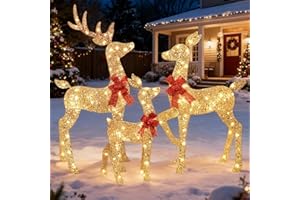 HOLILITE 4ft 3-Piece 2D Lighted Christmas Deer Family Set, Outdoor Yard Reindeer Holiday Decoration with 145 LED Lights, Stakes, Zip Ties - Gold
