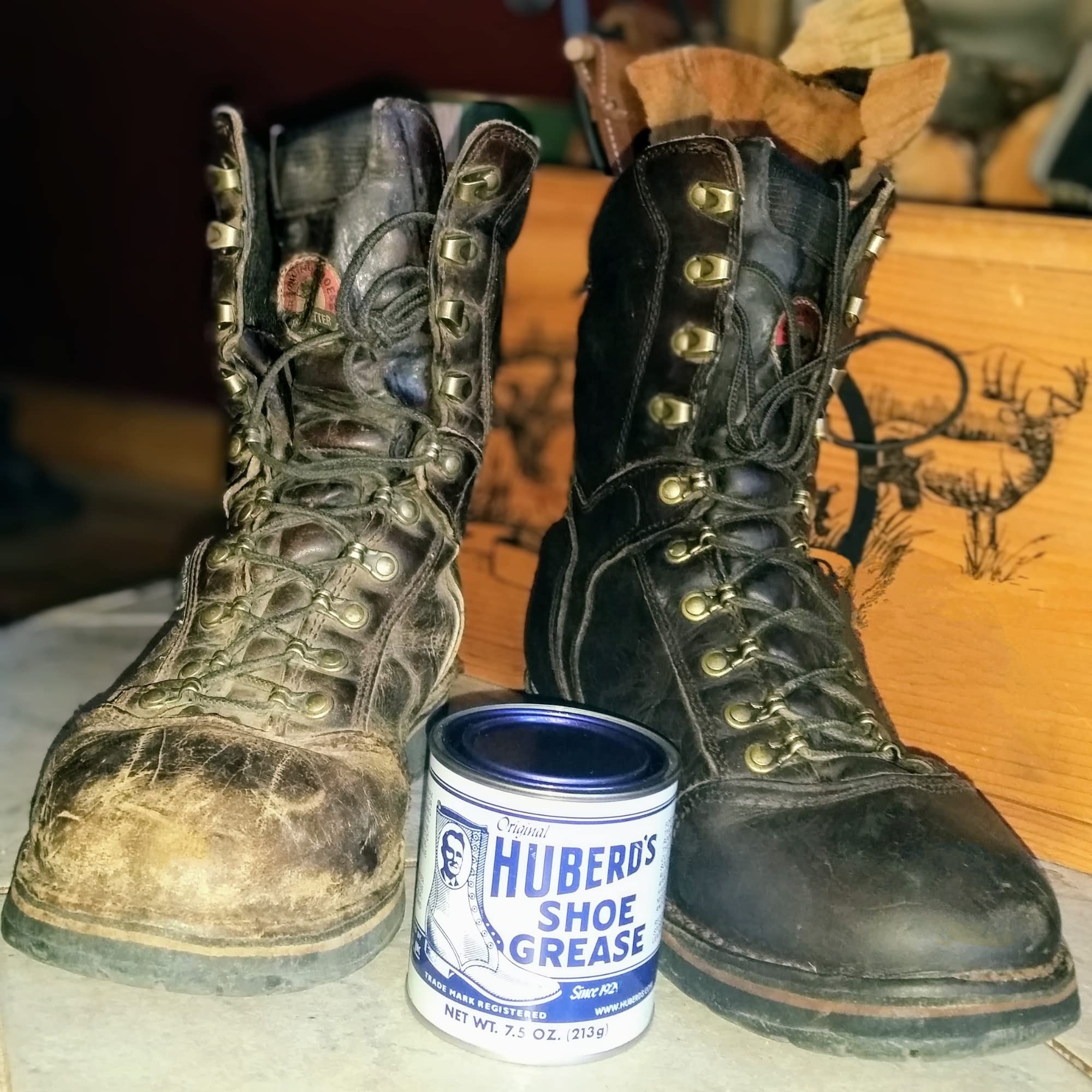 Huberd Shoe Grease Co. Huberd’s Shoe Grease (7.5oz) - Leather conditioner and waterproofer since 1921. Waterproofs, softens and conditions boots, shoes, bags, belts, jackets, car seats, gloves, furniture, saddles and tack.