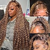Juviso 30 Inch Honey Blonde Wig Human Hair Deep Wave 13x6 HD Ombre Lace Front Wigs P4/27 Highlight Curly Human Hair Wig 200 Density Pre Plucked Human Hair Frontal Wigs for Women