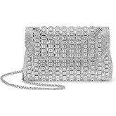 DTGN Evening Bags Clutch Purses for Women Formal, Crossbody Handbag with Chain Shoulder Bag Crystal Rhinestone Sparkly Stylish for Wedding Bride Guest Party Silver