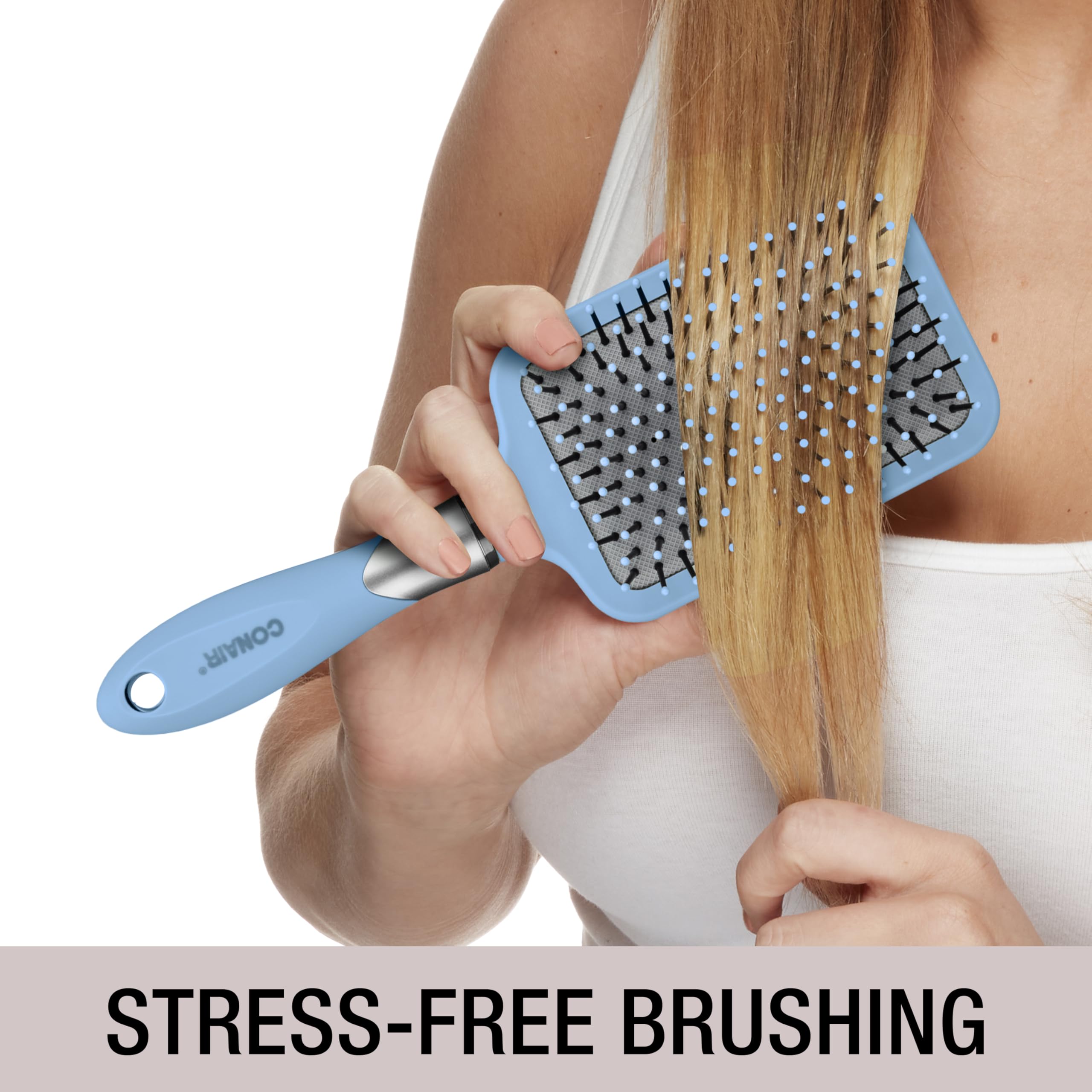 Conair Velvet Touch Paddle Cushion hair brush - Detangling hairbrush - curly or straight styles - men or women - detangler - features soft touch handle - Sky Blue