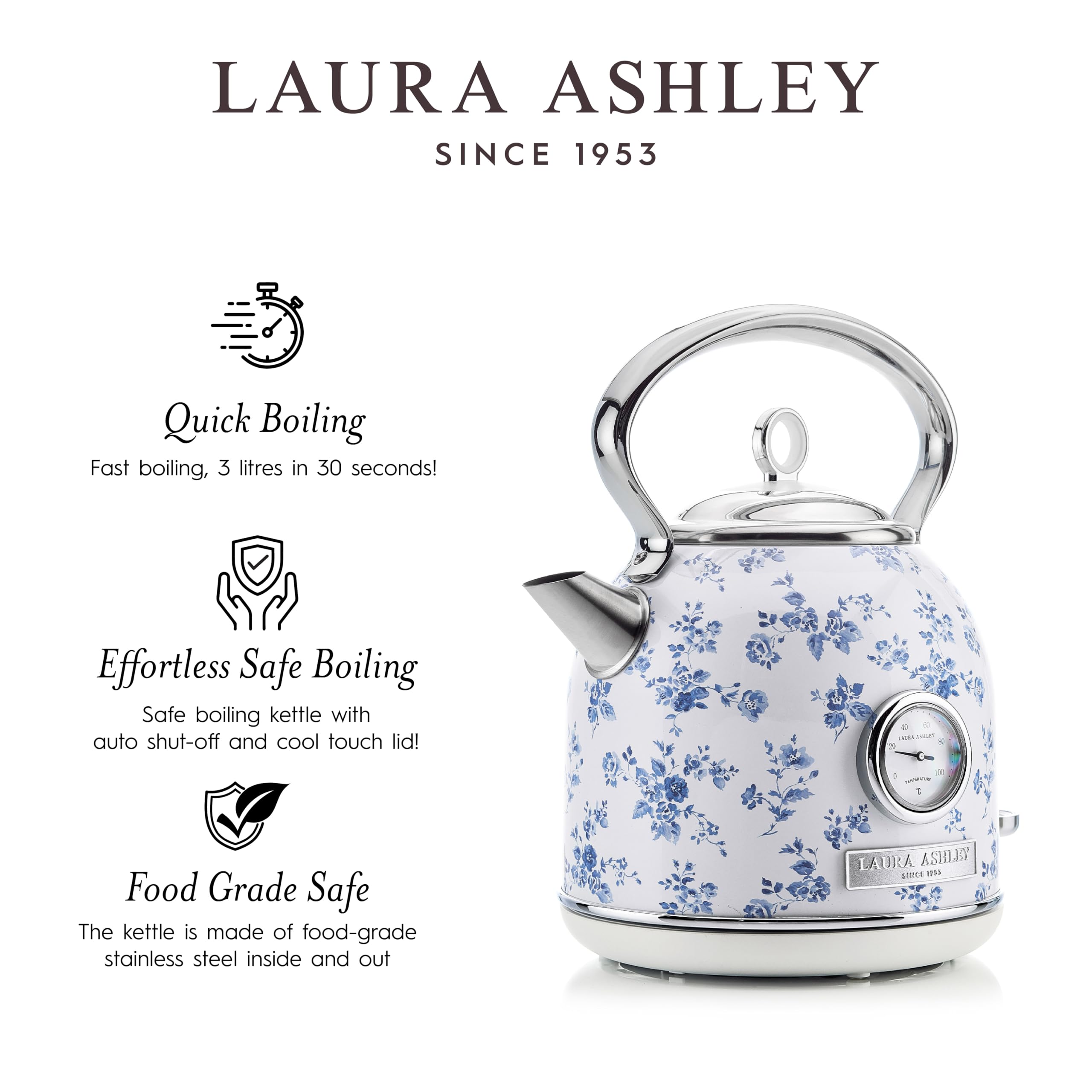 Laura Ashley Hervidor eléctrico de acero inoxidable de 1,7 litros - Hervidores eléctricos de ebullición rápida de 1500 W para hervir agua - Hervidores de té eléctricos con apagado automático - Protección contra sobrecalentamiento y ebullición en seco Hervidor inalámbrico