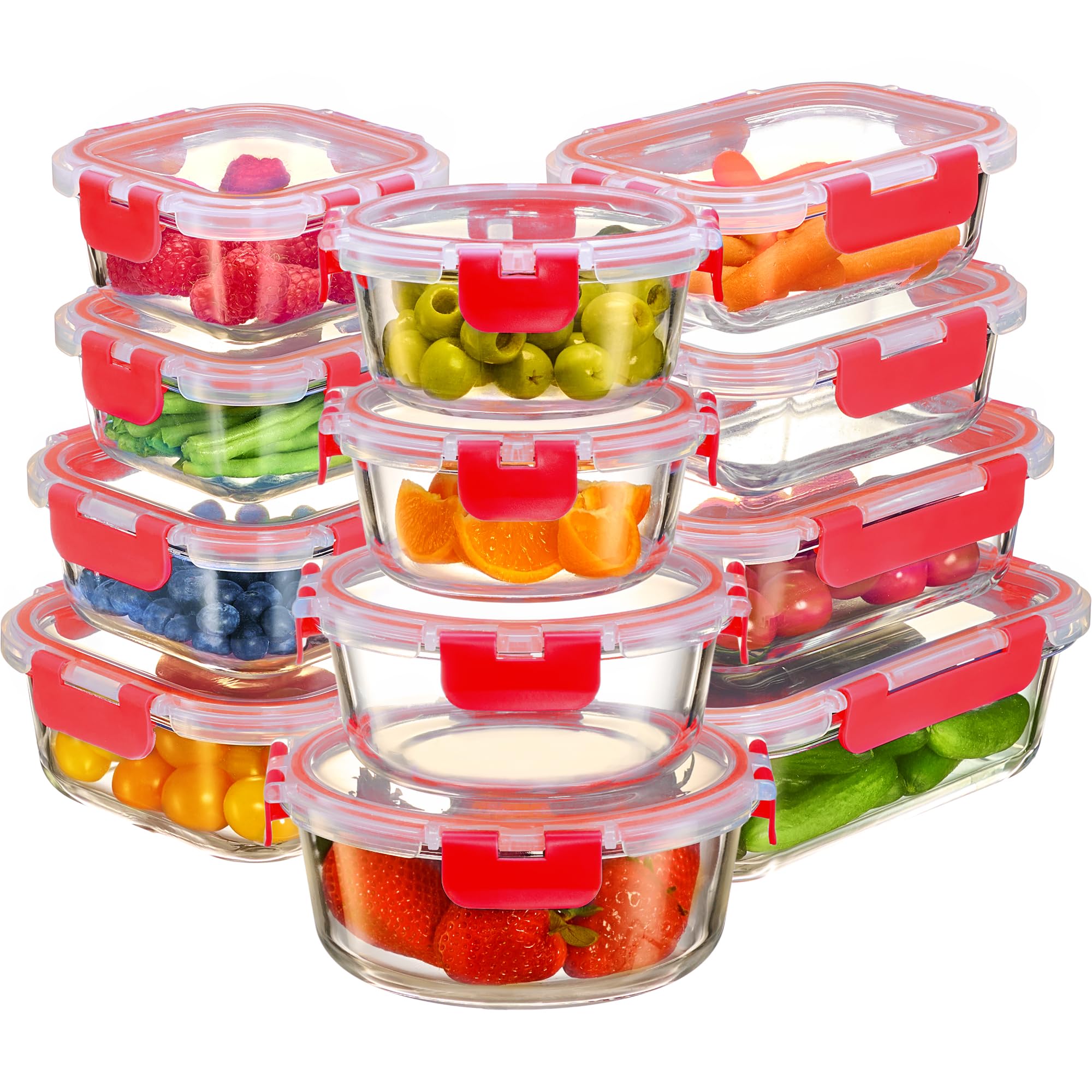Photo 1 of FineDine 24 Piece Glass Storage Containers with Lids - Leak Proof, Dishwasher Safe Glass Food Storage Containers for Meal Prep or Leftovers, Red