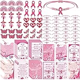 Tondiamo 36 Set Breast Cancer Awareness Accessories Bulk Include Pink Ribbon Bracelets Pins Awareness Card Opp Bag for Women World Cancer Day Survivor Charity Event Campaign Party Supply