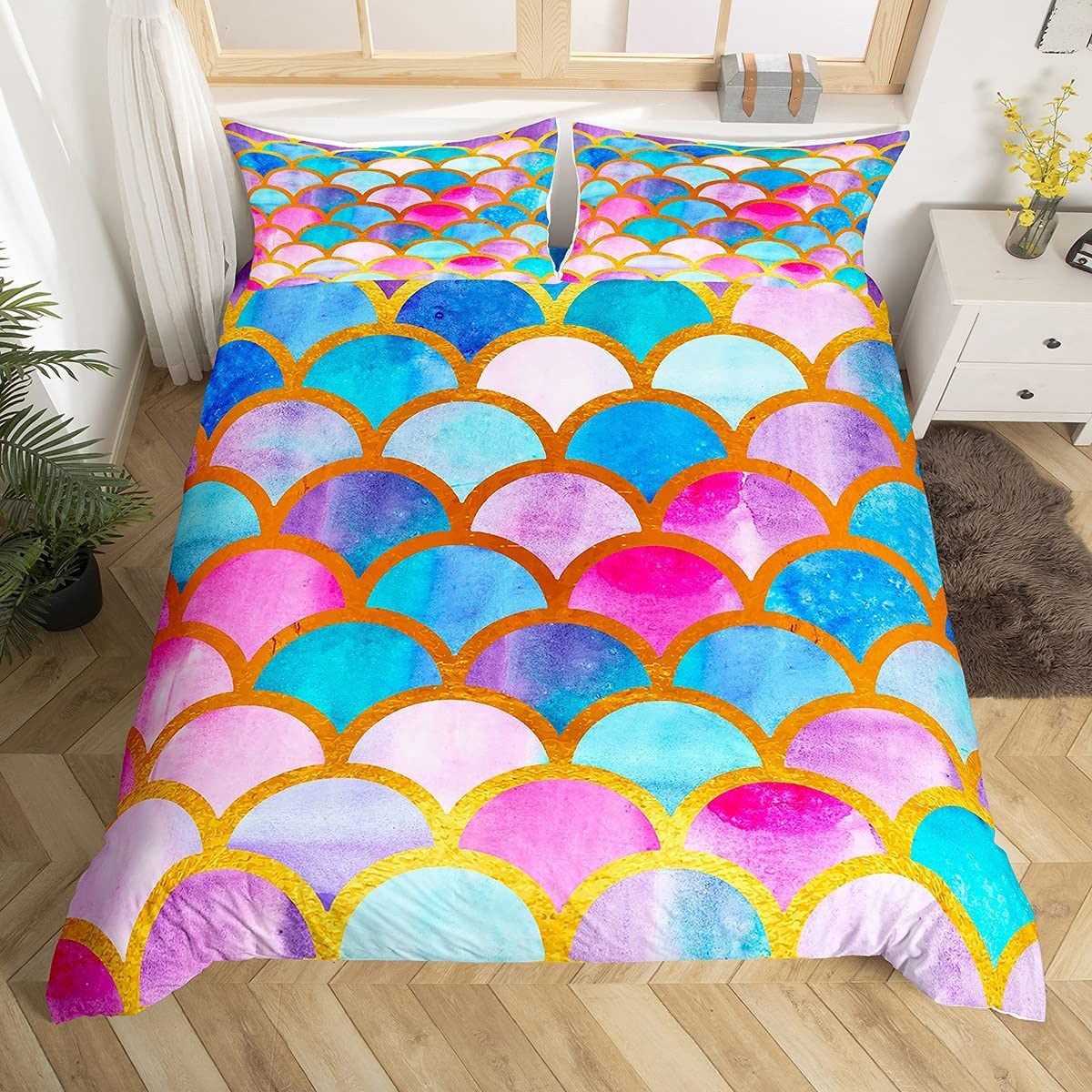 Rainbow Fish Scales Comforter Cover Super King Size Mermaid Bedding Set Pink Purple Blue Decorative 3 Pieces Anti-Fading Duvet Cover Set Luxury Bedspread Cover with 2 Pillowcase Microfiber Zipper — image 1