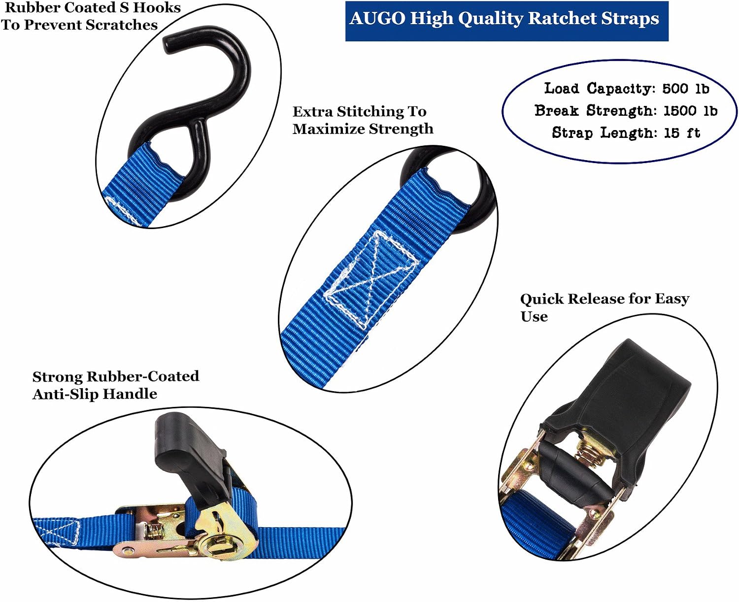 AUGO Ratchet Tie Down Straps -4 PK- 4.5m, 1000 KG Break Strength, Safety Lock S Hooks -for Moving Cargo Appliances - Image 4