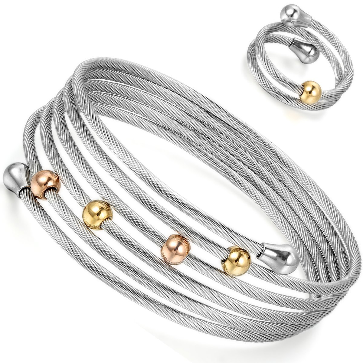 Flongo Joyería Juego de Pulsera con Anillo Ajustables Multicapas Pulsera de Mujer