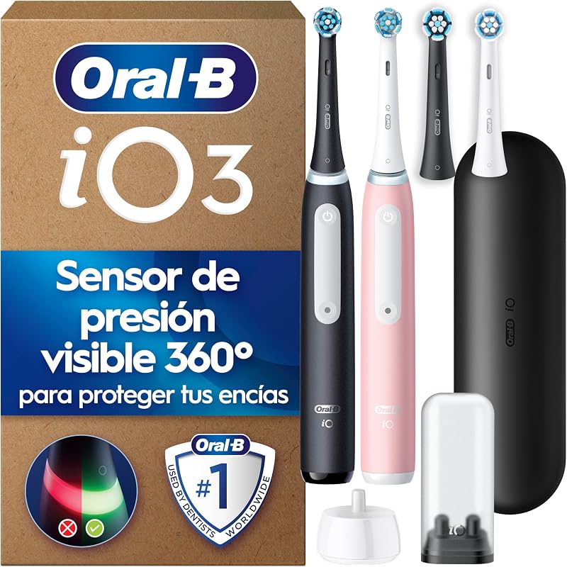 Escovas de dentes elétricas iO 3, preto e rosa, pack de 2, 4 cabeças - Escova de dentes com 3 modos de escovagem, sensor de pressão e temporizador, mala de viagem, suporte para cabeça