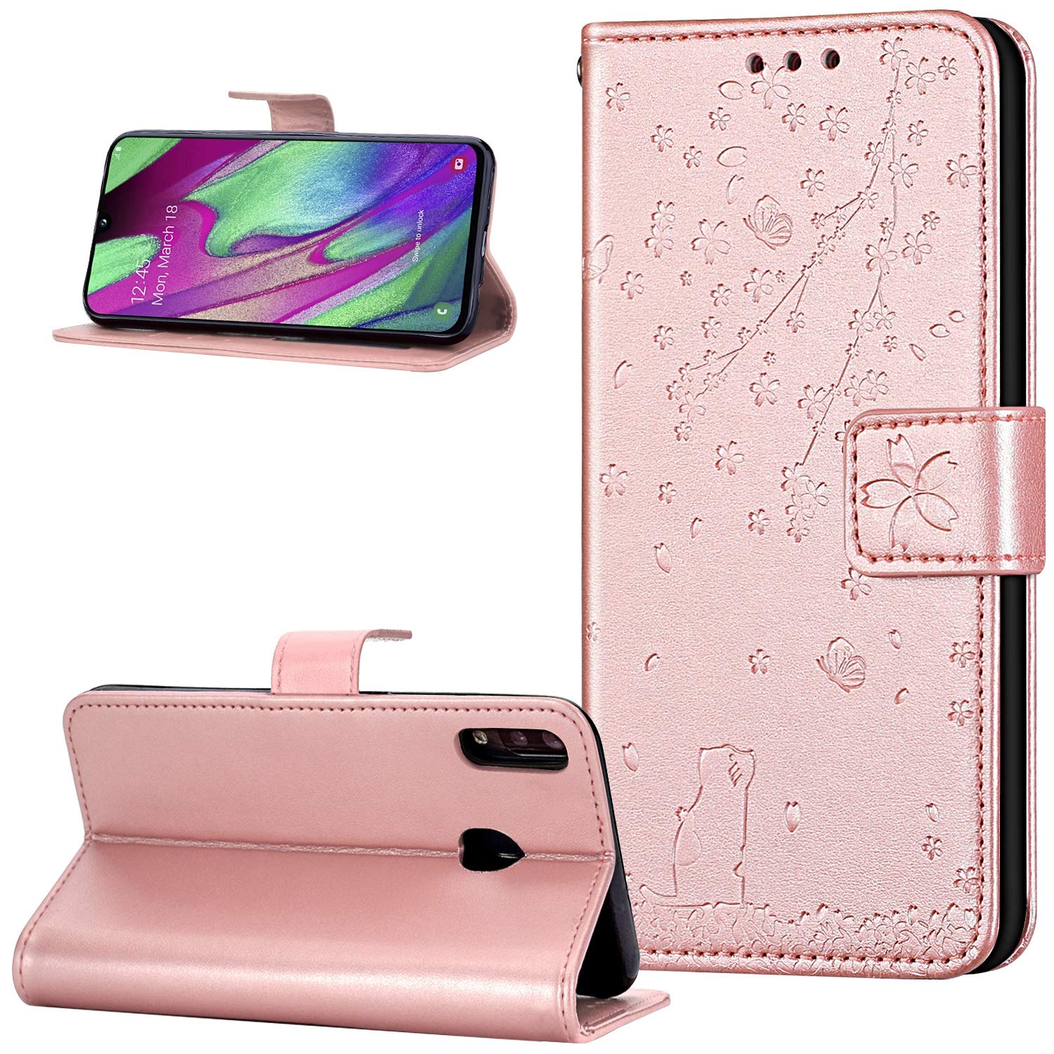 Galaxy A40, Case Galaxy A40, Embossing Sakura Cats Cherry Blossom Flip Case Stand PU Leather Wallet TPU Interior Card Holder Case Cover for Galaxy A40 Case, pink gold
