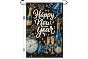 IVN 2026 New Year Garden Flag 12x18 Inch Double Sided Happy New Year Text with Blue Champagne Bottles Clock Bell Star and Fireworks Outdoor Yard Flag for Outside Home Front Door Lawn Porch Patio Welcome Decor